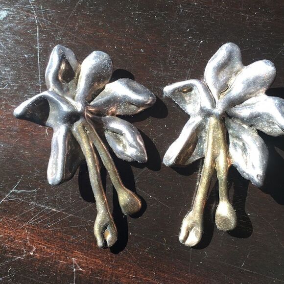 925 Vintage 925 Sterling Large statement clip abstract floral Chunky Earrings 3" - Picture 4 of 15